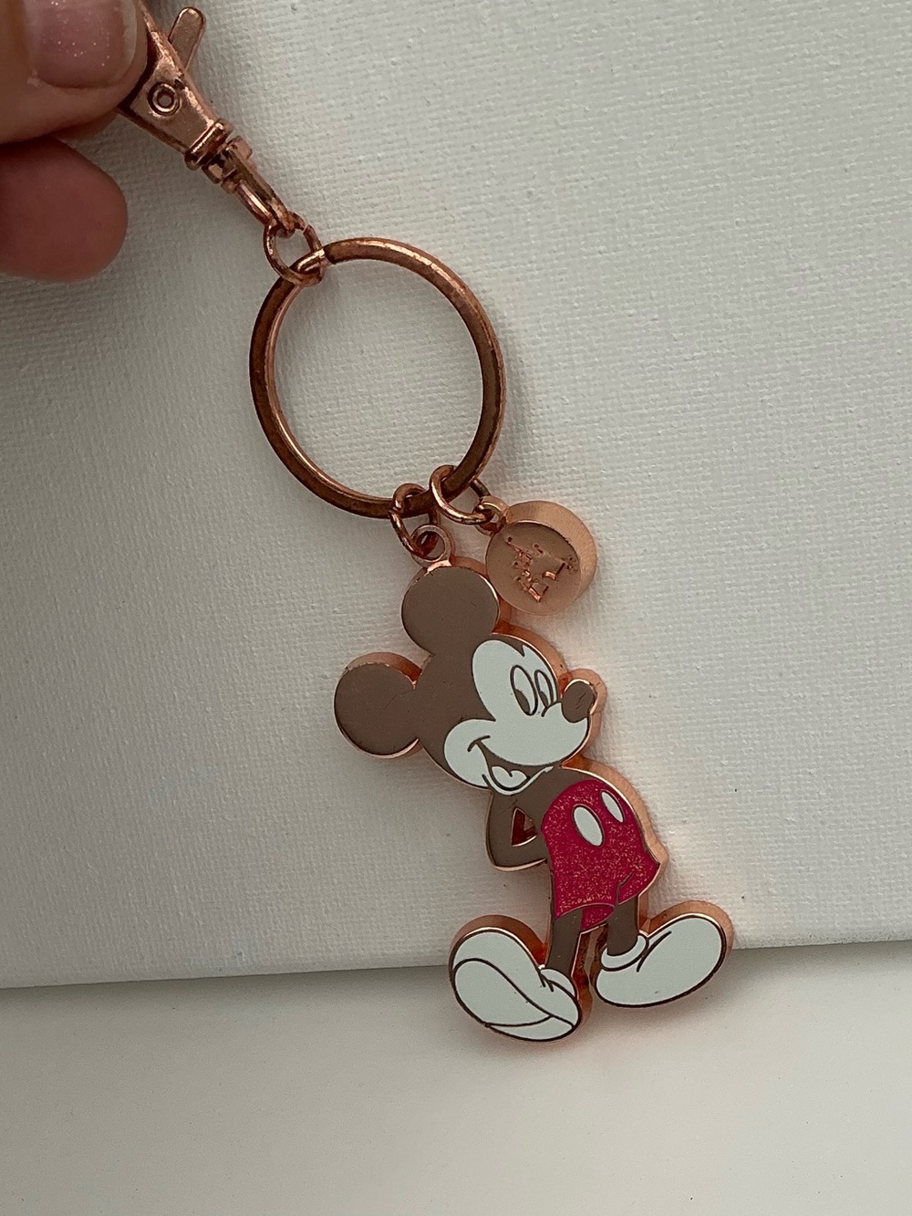Disney Mickey Mouse Rose Gold Tone Keychain Bag Charm Enamel Pink Glitter Shorts